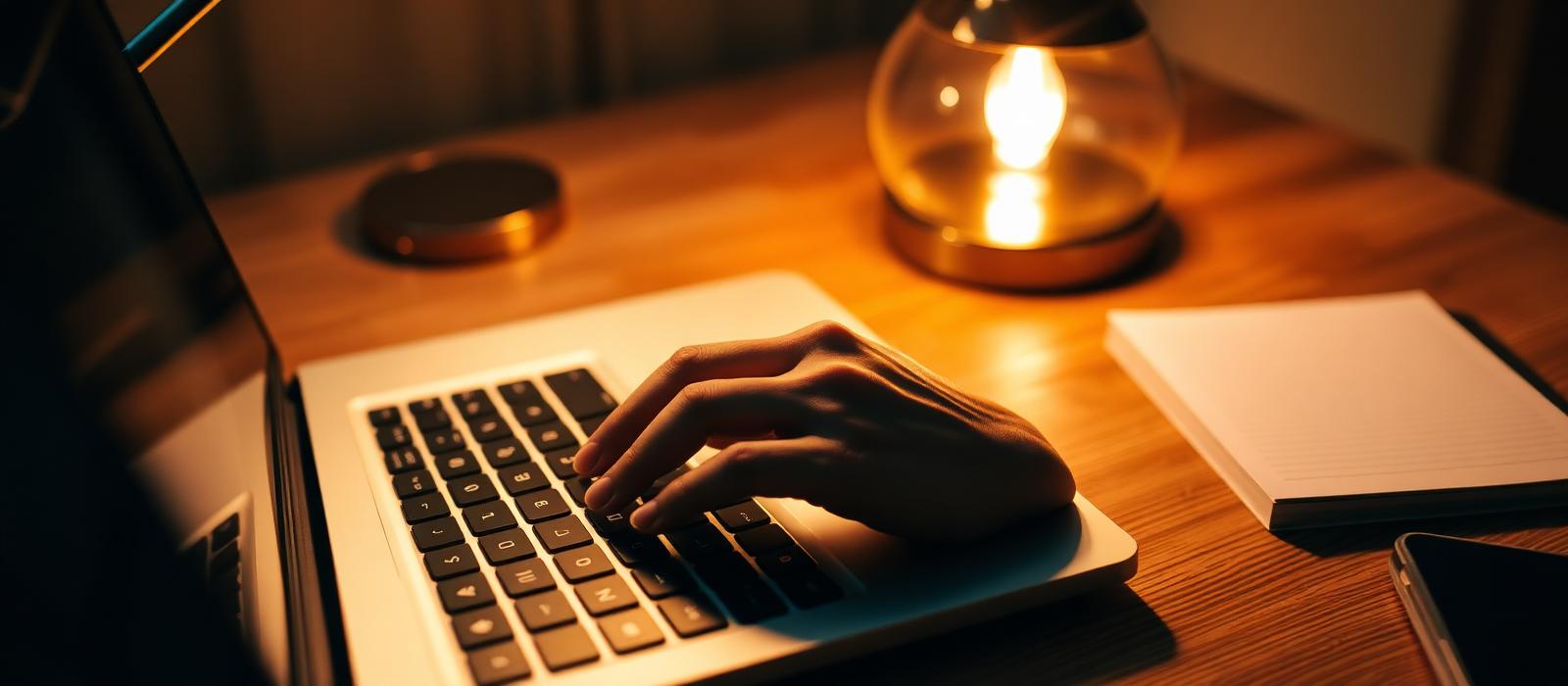 Hands on a laptop keyboard lit by a warm desk lamp