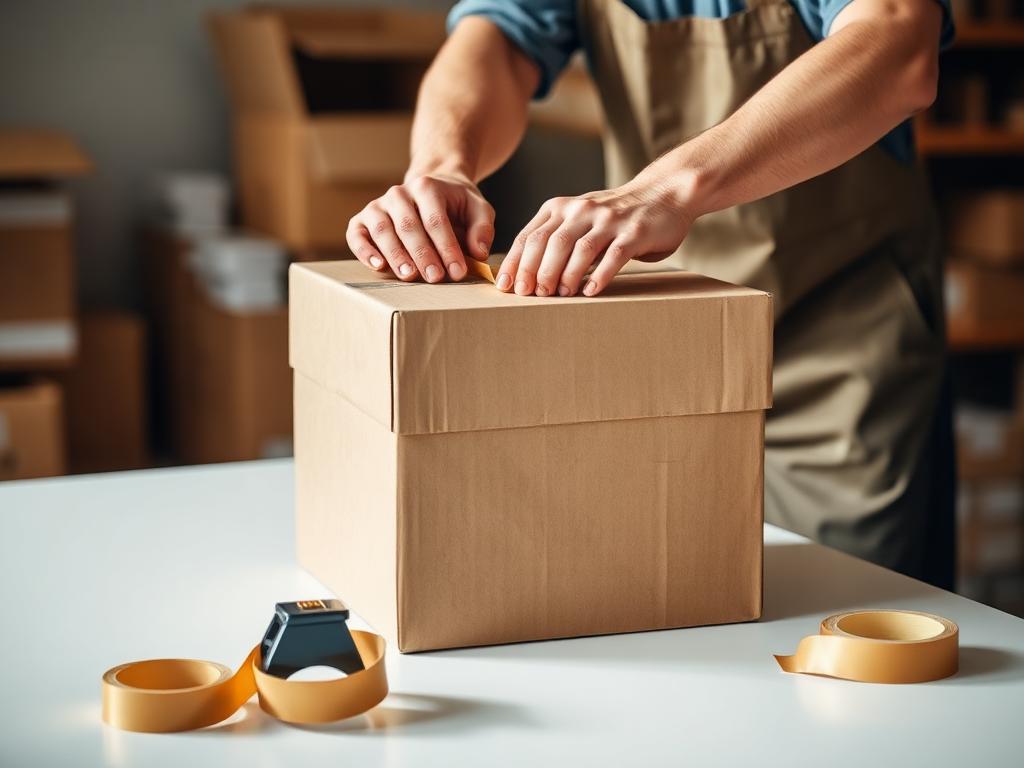 Hands taping a shipping box at a packing table