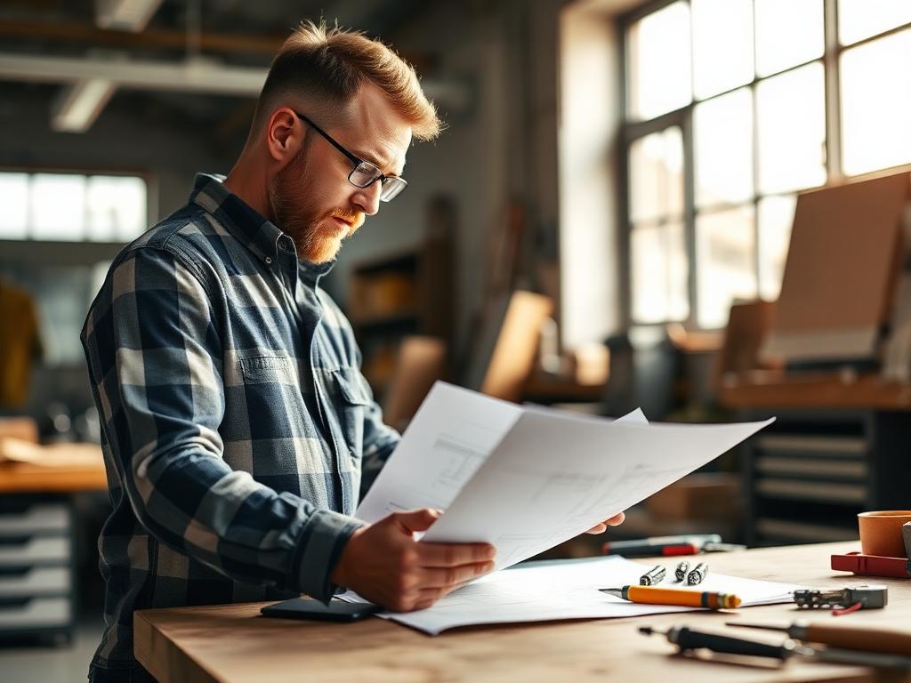 Engineer reviewing paper drawings at a workshop workbench