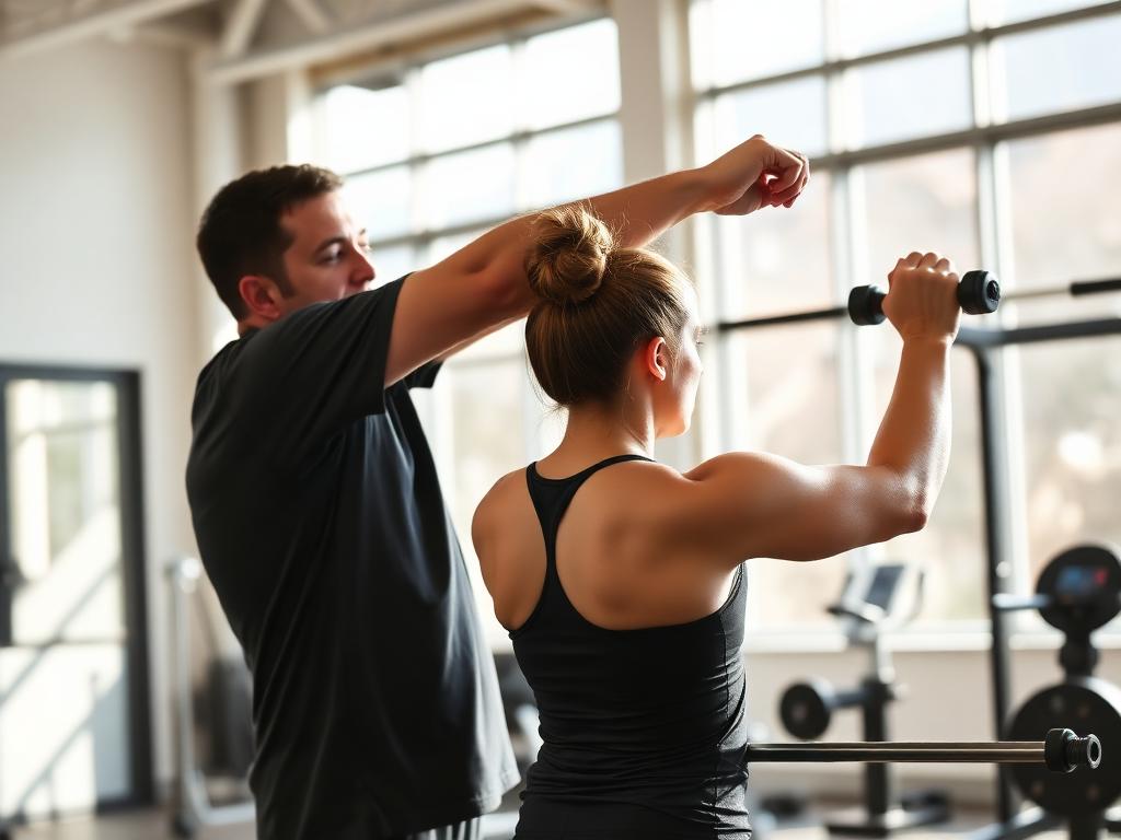 Coach adjusting a student's form in a bright gym