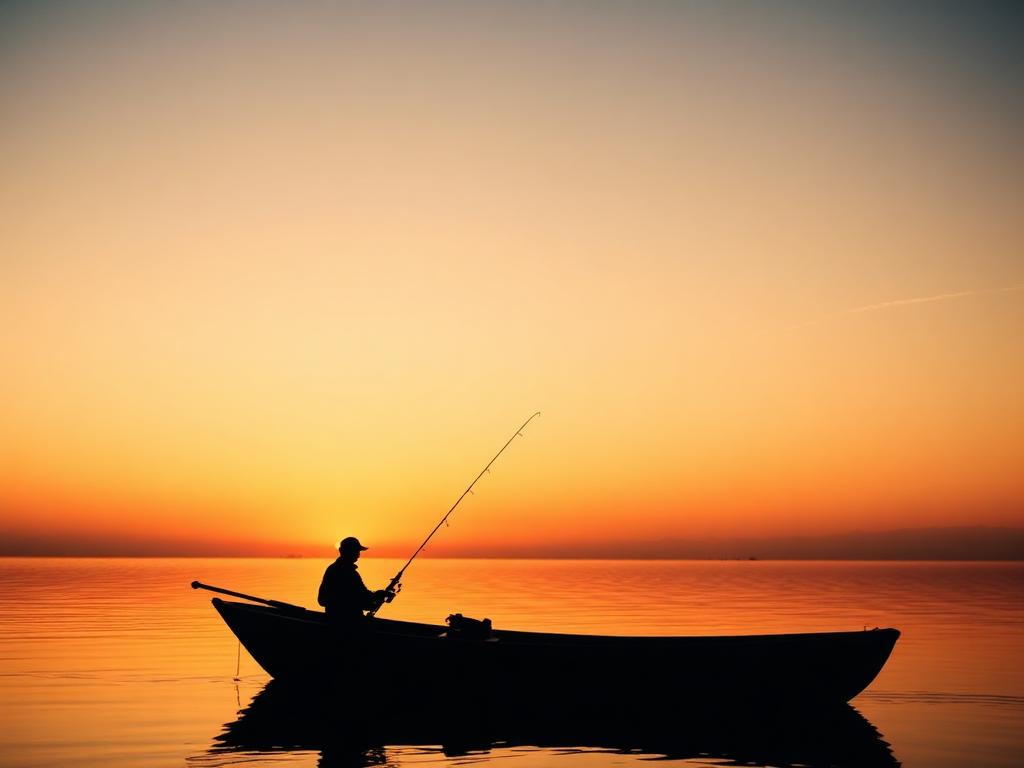 Silhouette of an angler casting from a small boat at dawn