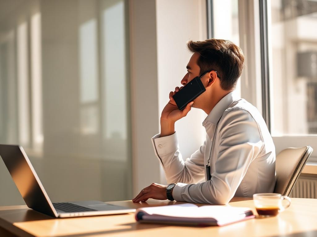 Consultant on a phone call at a desk in evening office light