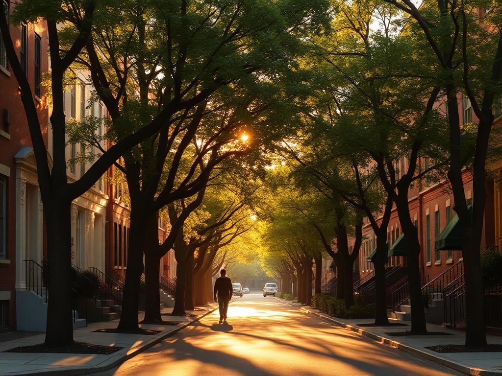 Tree-lined rowhome street at golden hour with a person walking