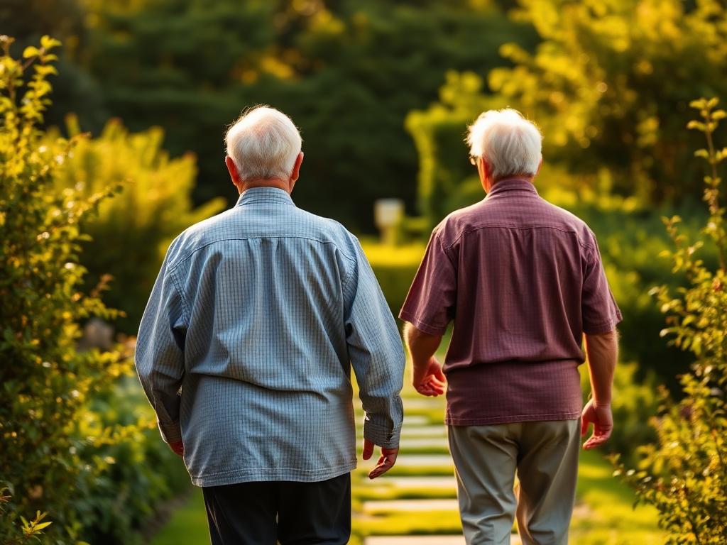 Older couple walking a garden path in warm evening light