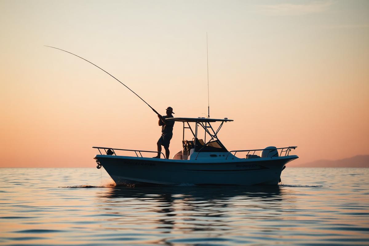 Sport fishing charter boat on open water at dawn