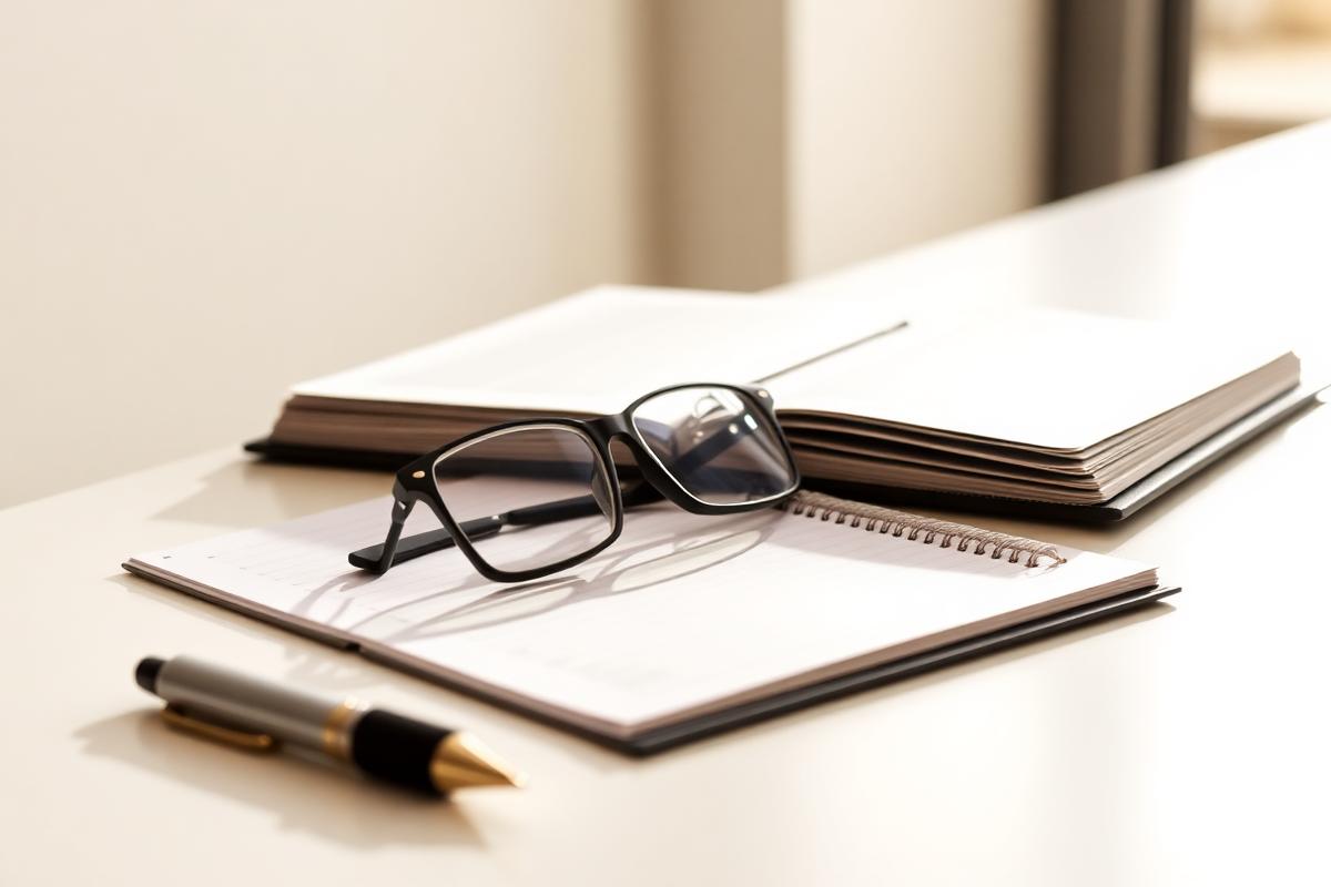 Reading glasses and a pen resting on an open spiral notebook in daylight