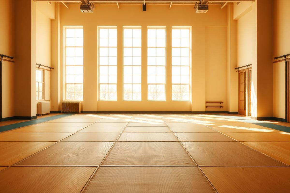 Martial arts dojo with folded gi and black belt on the mat