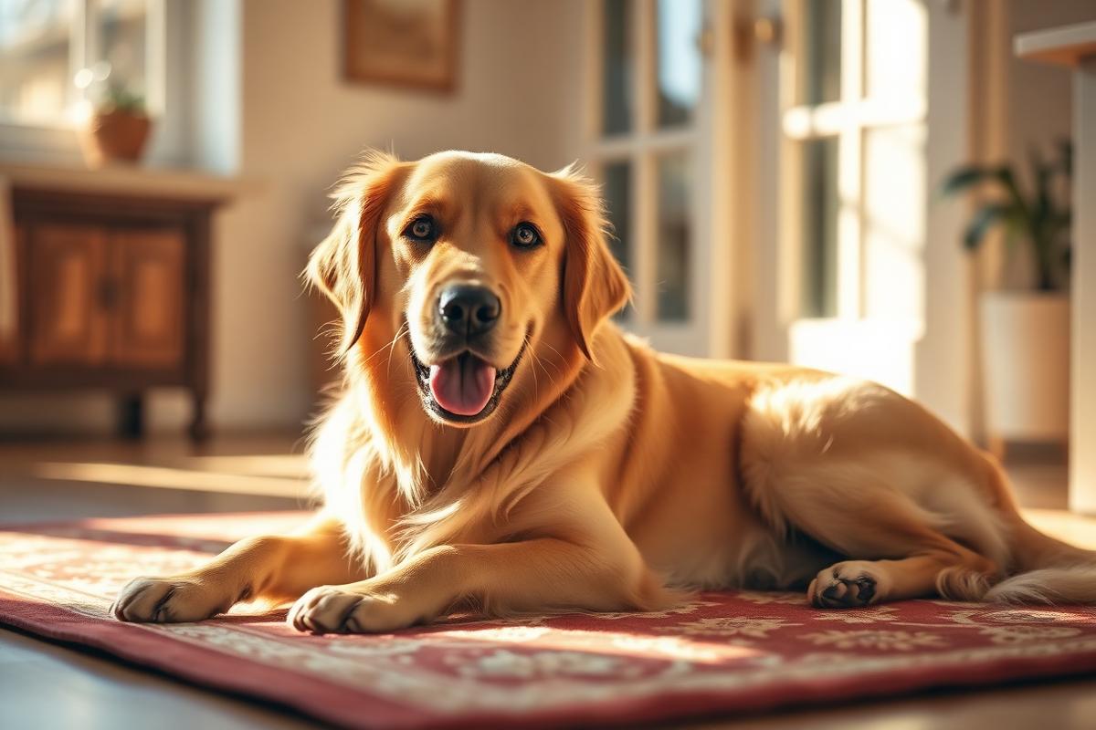 A golden retriever lying on a sunlit rug by a window