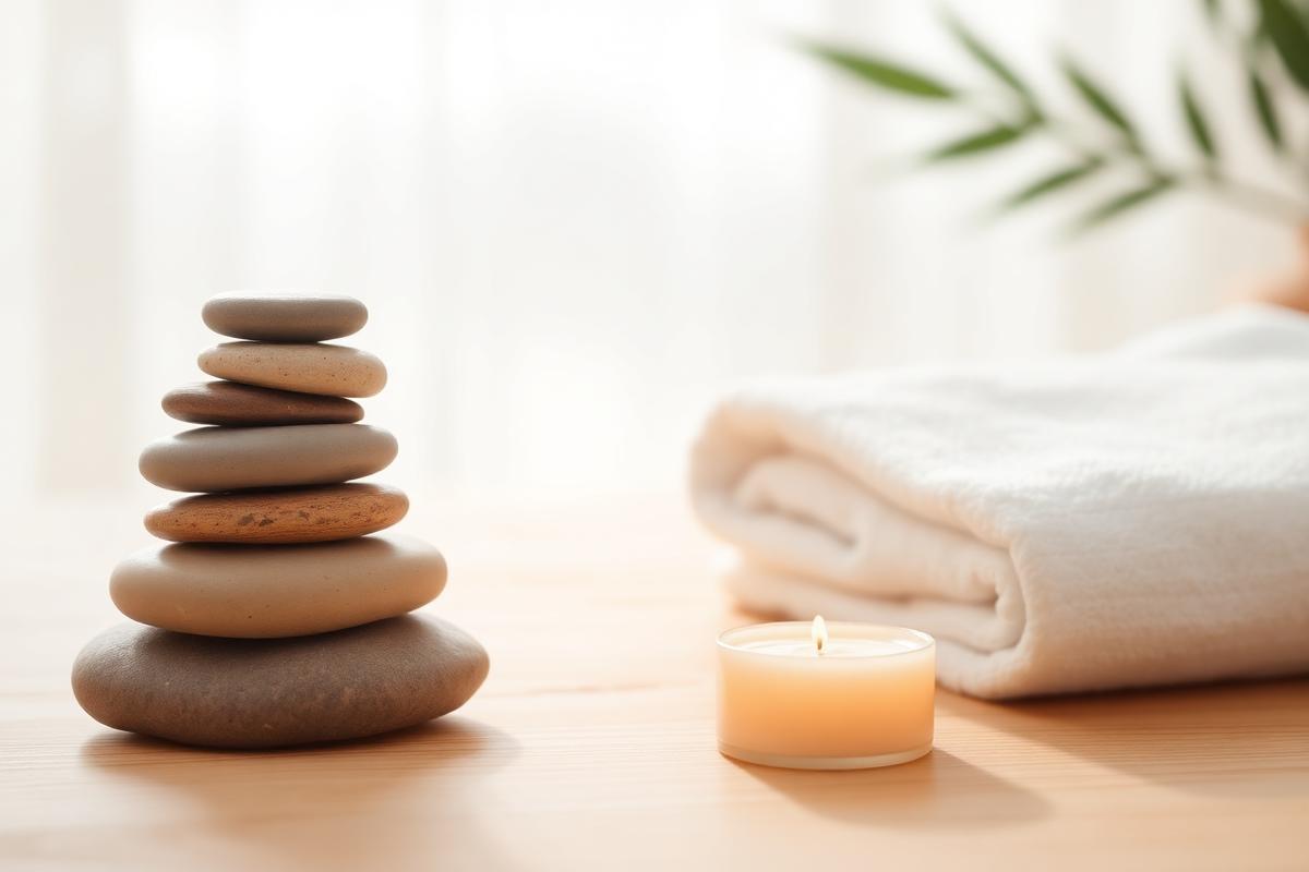 Spa flatlay of folded towels and smooth stones