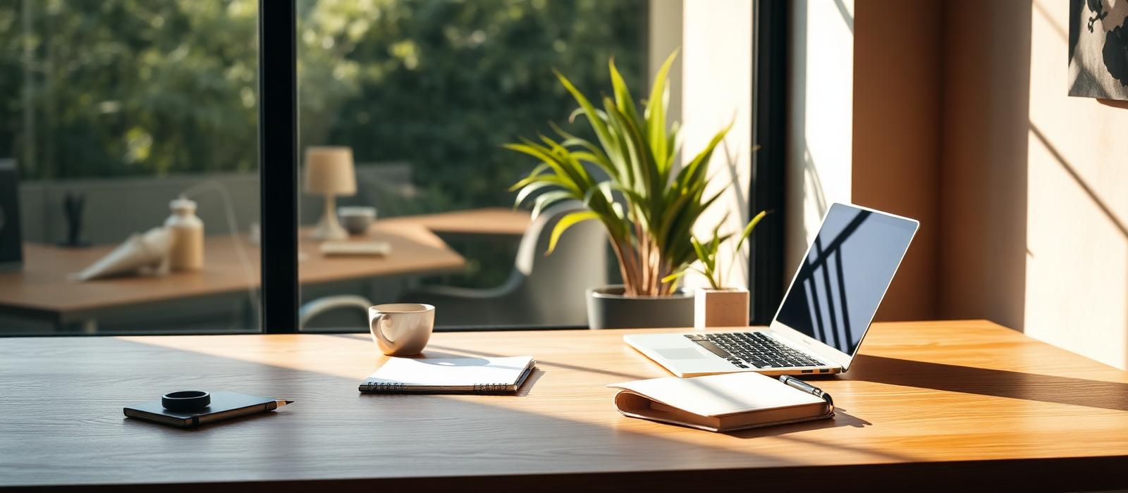 A sunlit desk beside a window with an open laptop, a notebook and a cup of coffee