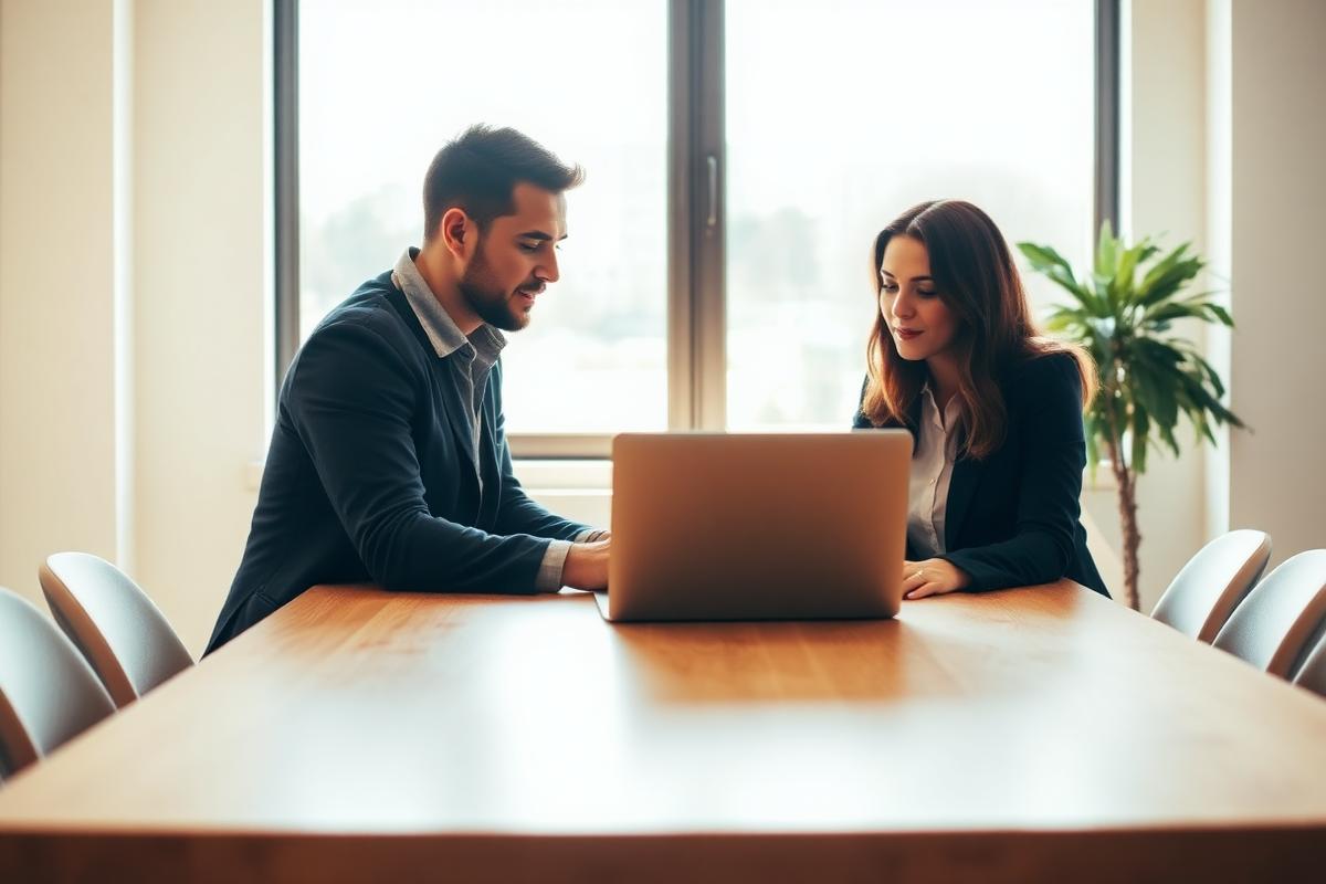 Two people across a table reviewing a laptop together in warm office light